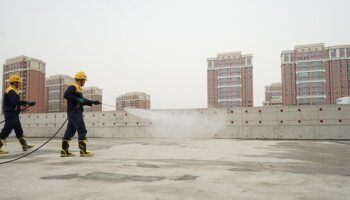 waterproofing, workers, construction site, roof top, men, working, spraying, safety gear, pressure spray, waterproofing, waterproofing, waterproofing, waterproofing, waterproofing
