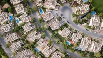 Explore a stunning aerial view of a residential area in Dubai with lush greenery and swimming pools.