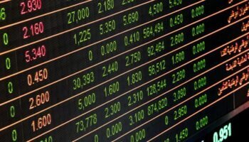 Detailed view of a stock market screen showing numbers and data, symbolizing financial trading.